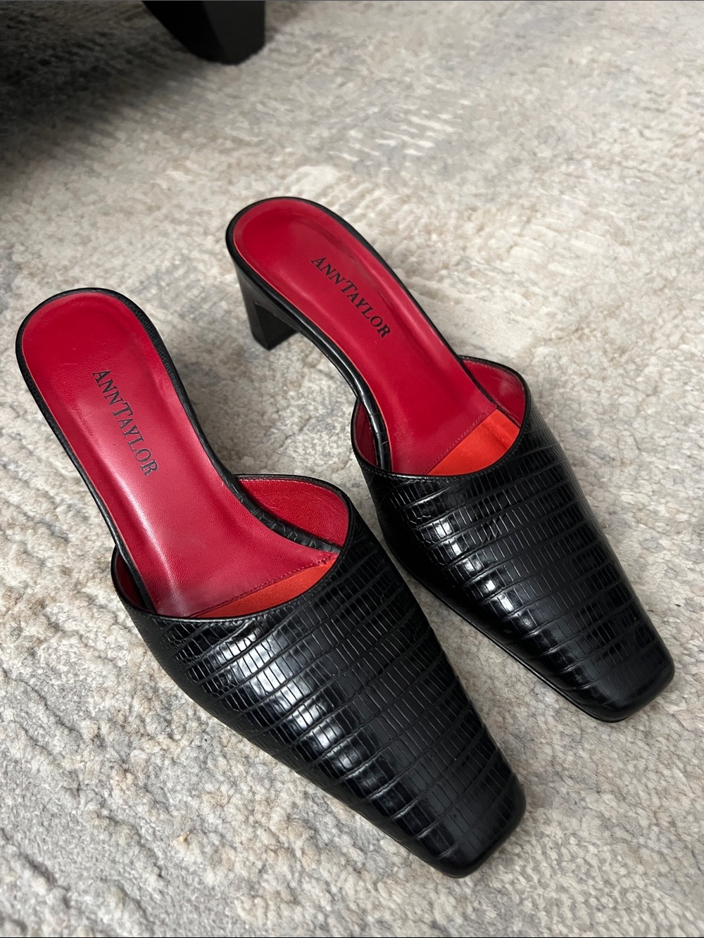 Black Croc-Embossed Mule Kitten Heels with Red Insole